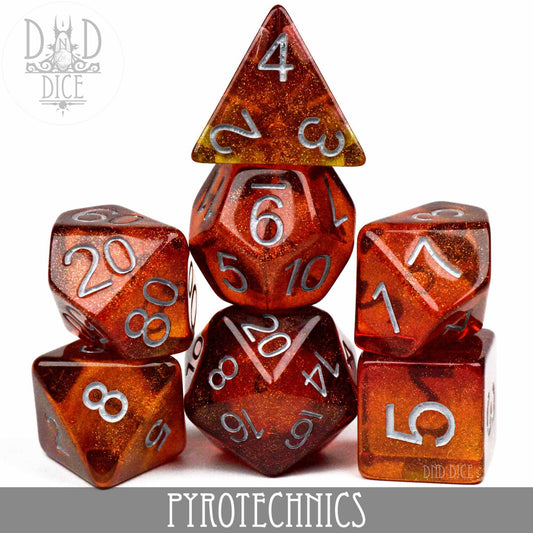 Pyrotechnics 7-piece red resin dice set with white numbers for tabletop gaming.