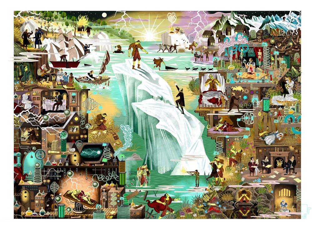 The World of Frankenstein 1000 Piece Puzzle featuring Adam Simpsons gothic collage design.