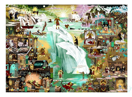 The World of Frankenstein 1000 Piece Puzzle featuring Adam Simpsons gothic collage design.