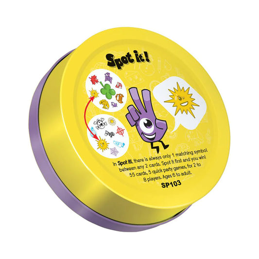 Spot It Classic (Eco) round yellow tin with game symbols and instructions on the lid.