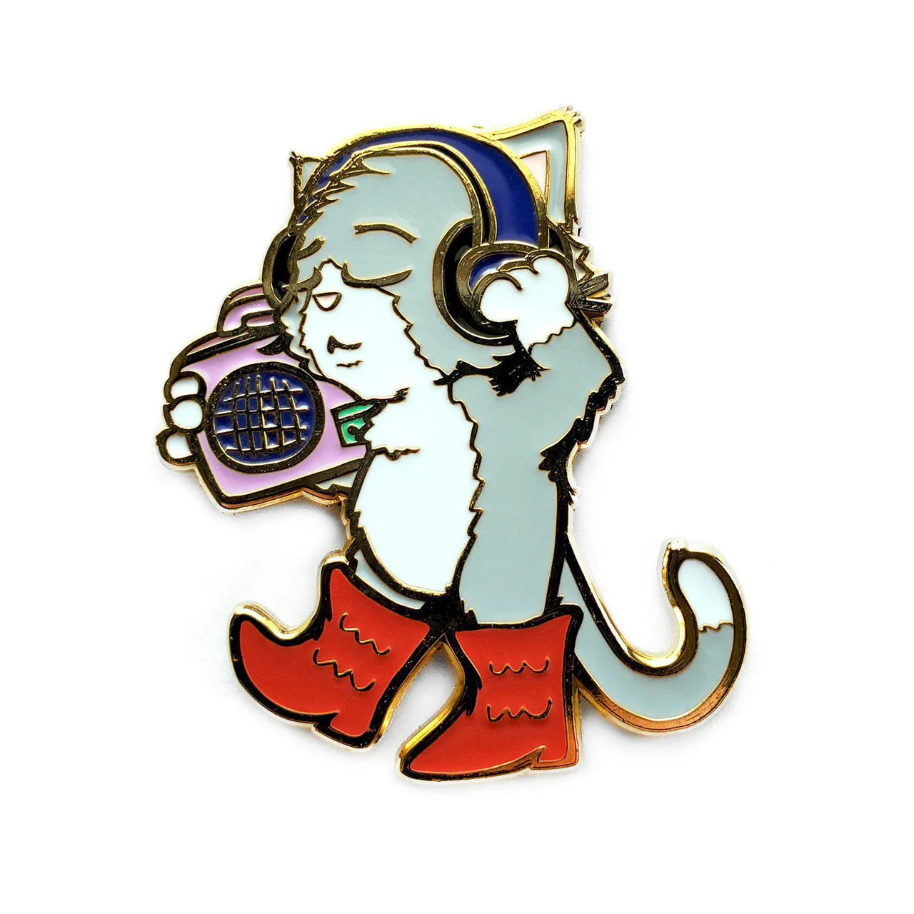 Boots and Cats Boombox Enamel Pin featuring a gray cat in red boots with headphones and a purple boombox.