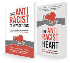 Nonviolent Communication and How to Have Anti-Racist Conversations books with heart-in-hand illustrations on the covers.