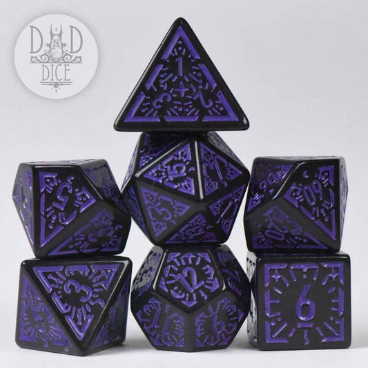Lunar Eclipse 7-dice set with black and purple acrylic DnD dice featuring intricate designs.