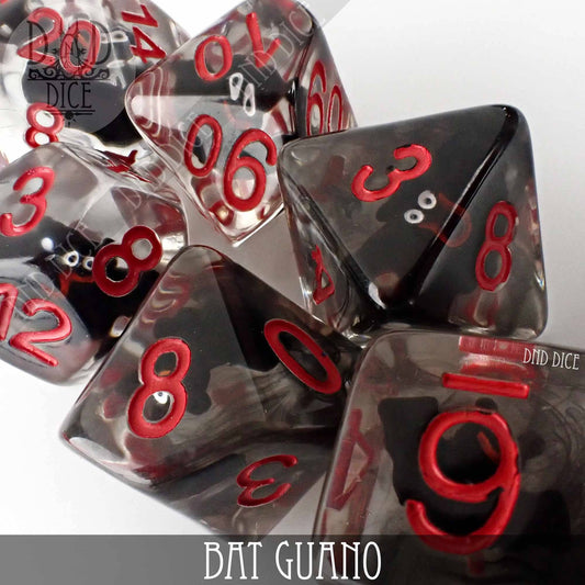 Bat Guano 7-piece dice set: black and clear resin with red numbers and small bat miniatures inside each die.