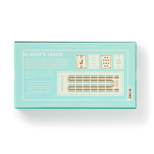 Cribbage in A Box Cribbage Game Set with turquoise box, Whats Inside text, card images, and a game board.