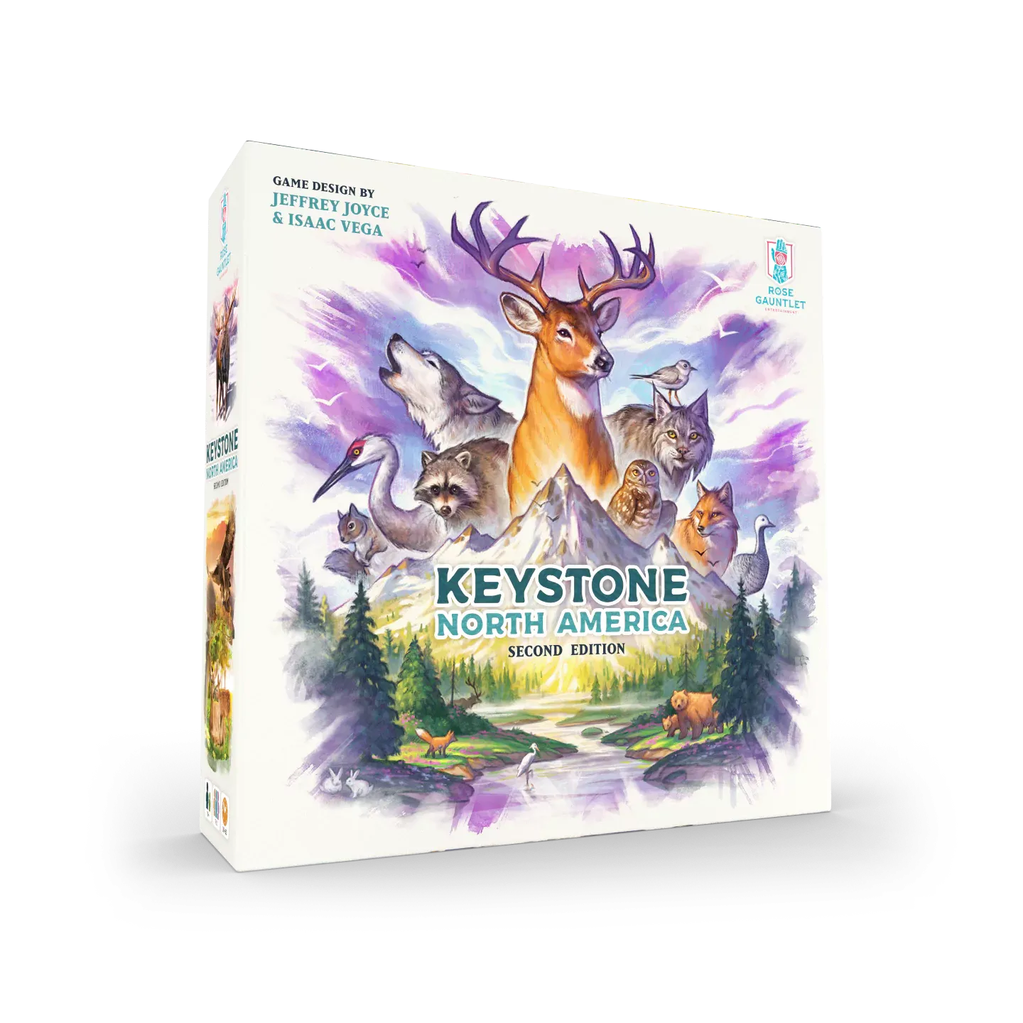 Keystone North America: Second Edition board game box with watercolor wildlife and mountains.
