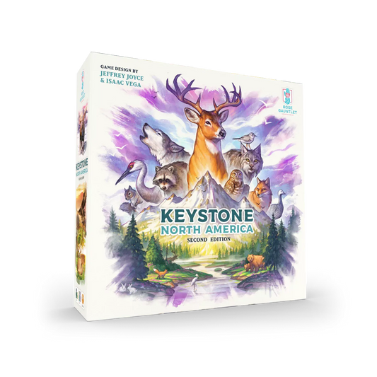 Keystone North America: Second Edition board game box with watercolor wildlife and mountains.