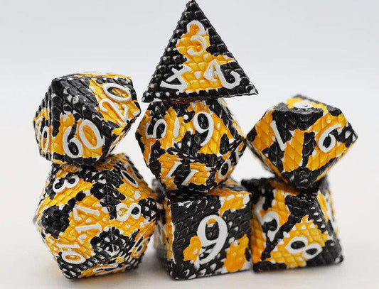 Bumblebee Dragon Scale RPG Metal Dice Set with black, yellow, and white dice.