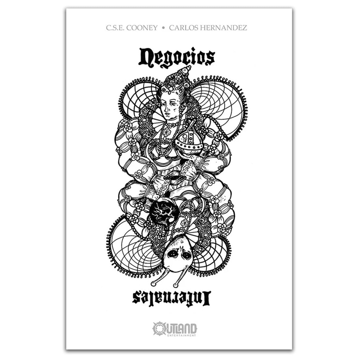 Negocios Infernales collaborative role-playing game with black and white cover featuring a mirrored snake woman.