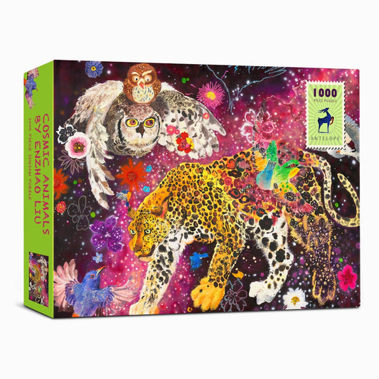 Cosmic Animals 1000 Piece Puzzle featuring a starry scene with leopard, owl, hummingbirds, and cosmic patterns.