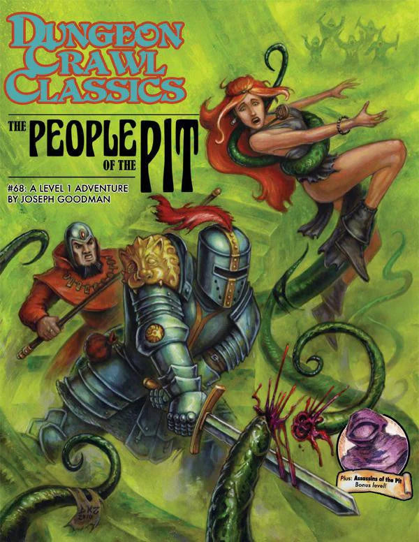 Dungeon Crawl Classic–The People of the Pit game cover featuring a knight and a woman fighting tentacled monsters.
