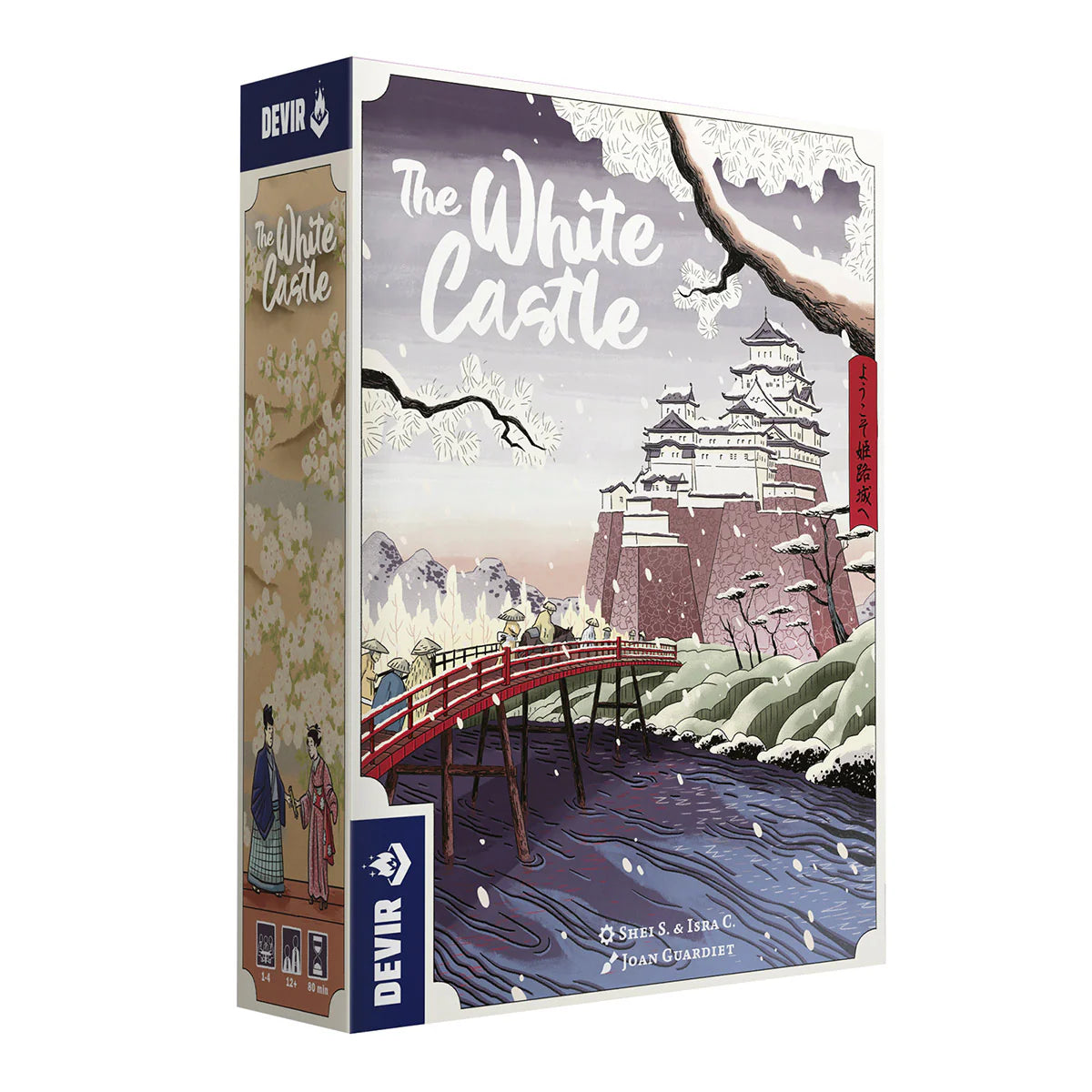 The White Castle board game box featuring Himeji Castle, a red bridge, river, and people in traditional dress.
