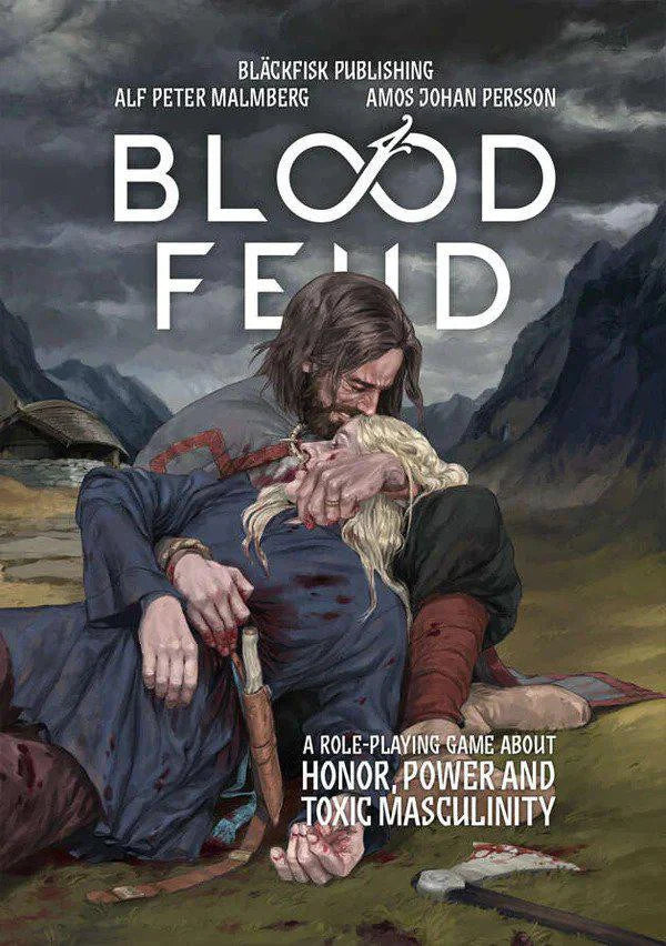 Blood Feud Viking RPG cover featuring a man holding a wounded woman on a battlefield.