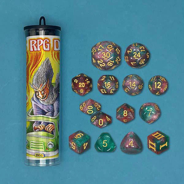 Dungeon Crawl Classic: The Wizard Vans Stellar Stowaways tube with blue polyhedral dice featuring yellow numbers.