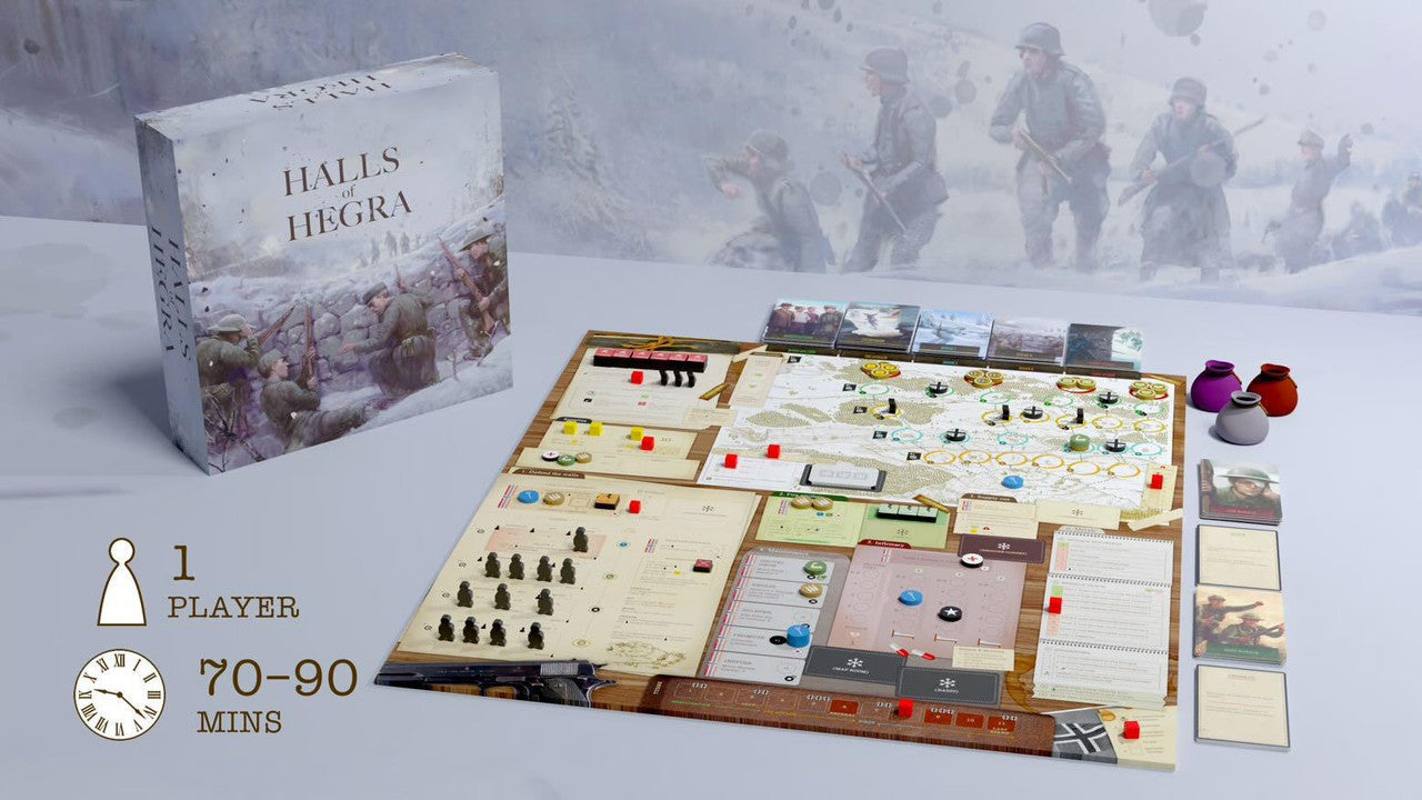 Halls of Hegra board game with box, board, cards, and components for 1-4 players displayed.