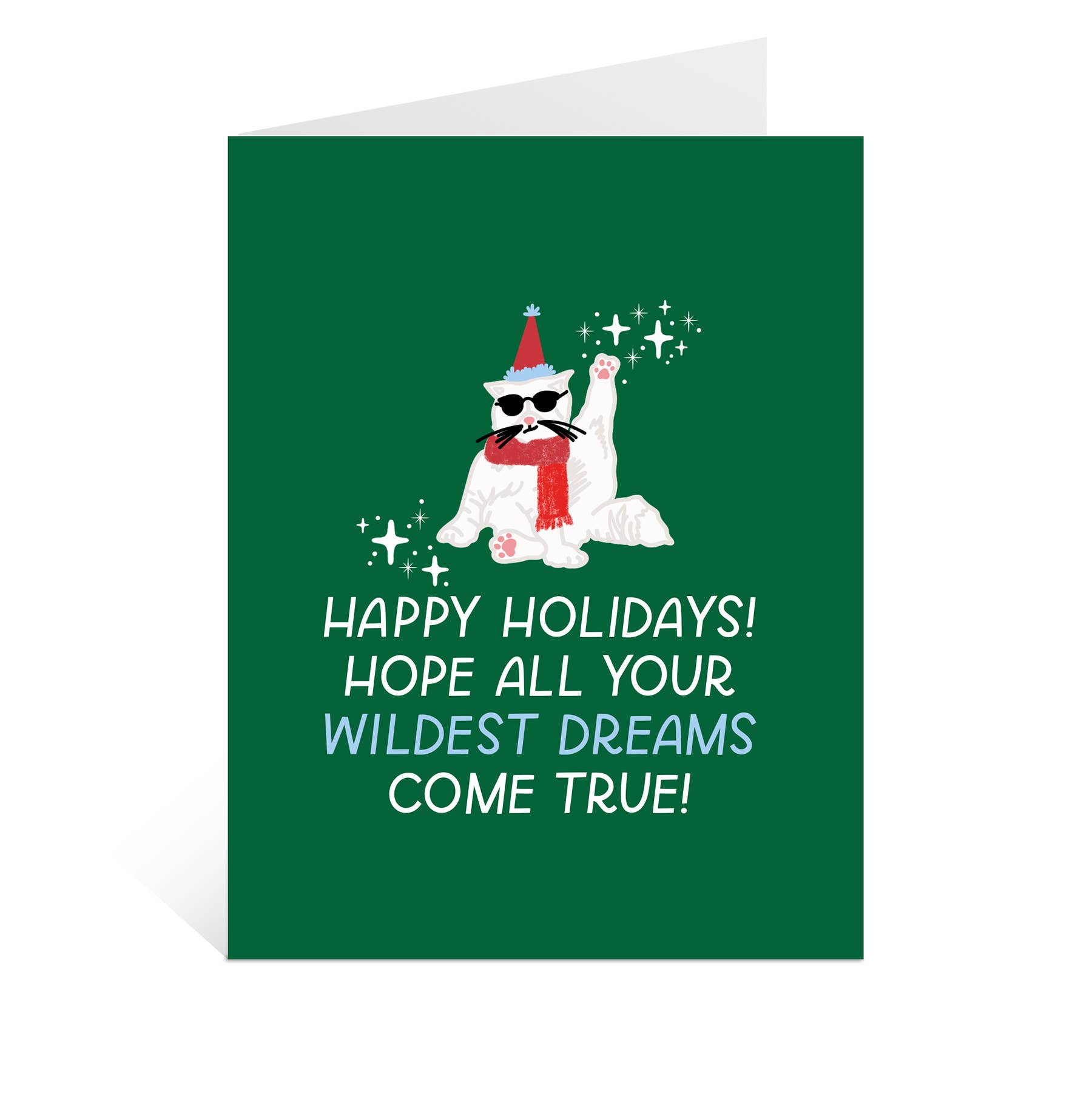 Wildest Dreams Holiday Card featuring a cat wearing sunglasses, a red scarf, and a party hat. Text: HAPPY HOLIDAYS.