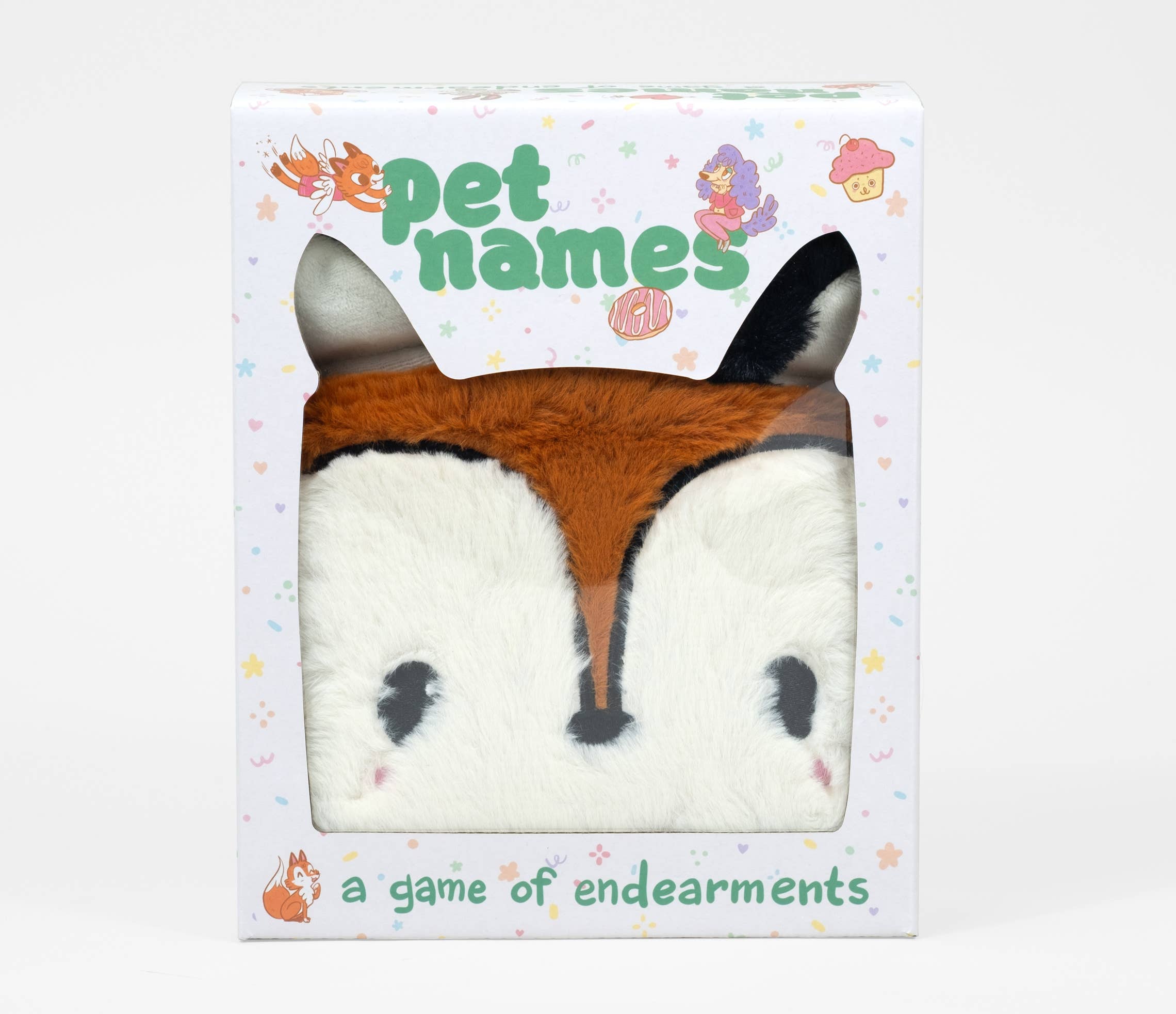 Plush fox face in box labeled “Pet Names: A Game of Endearments”.