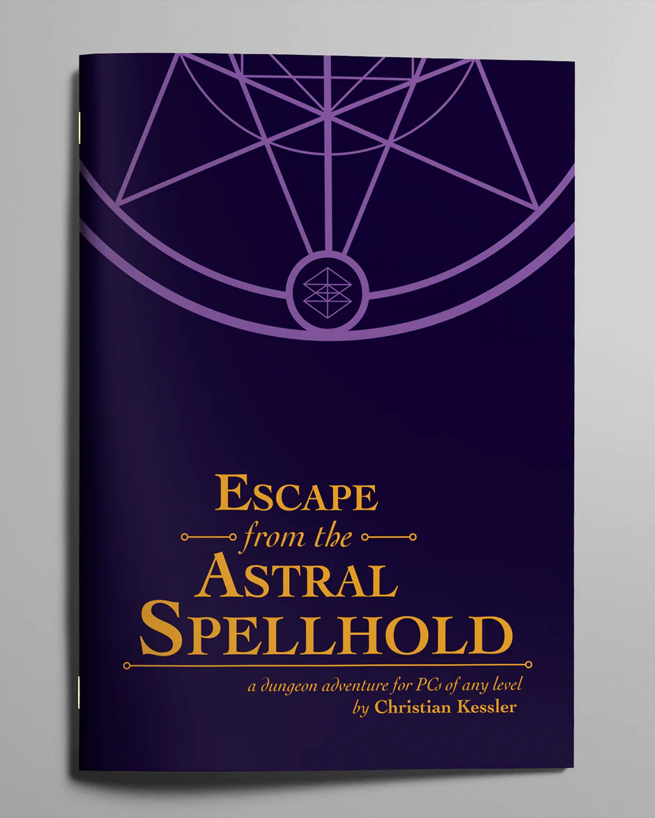 Escape From the Astral Spellhold cover with purple geometric art on dark background; puzzle dungeon adventure game.
