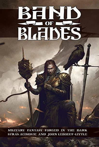 Band of Blades game cover featuring a warrior in armor with ravens and weapons beneath the title.