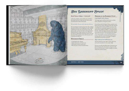 Bluebeards Bride: Book of Rooms open to a basement scene with piano, fireplace, and descriptive text.