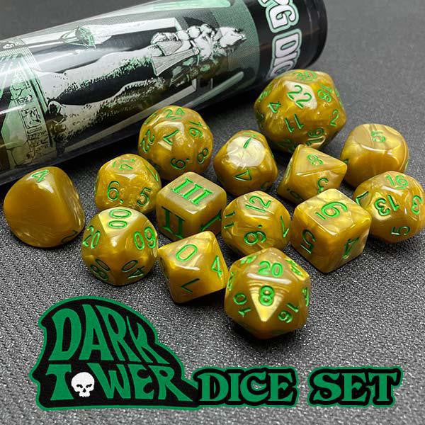 Dungeon Crawl Classic: Dark Tower 15 Dice Set, gold dice with green numbers, logo visible.