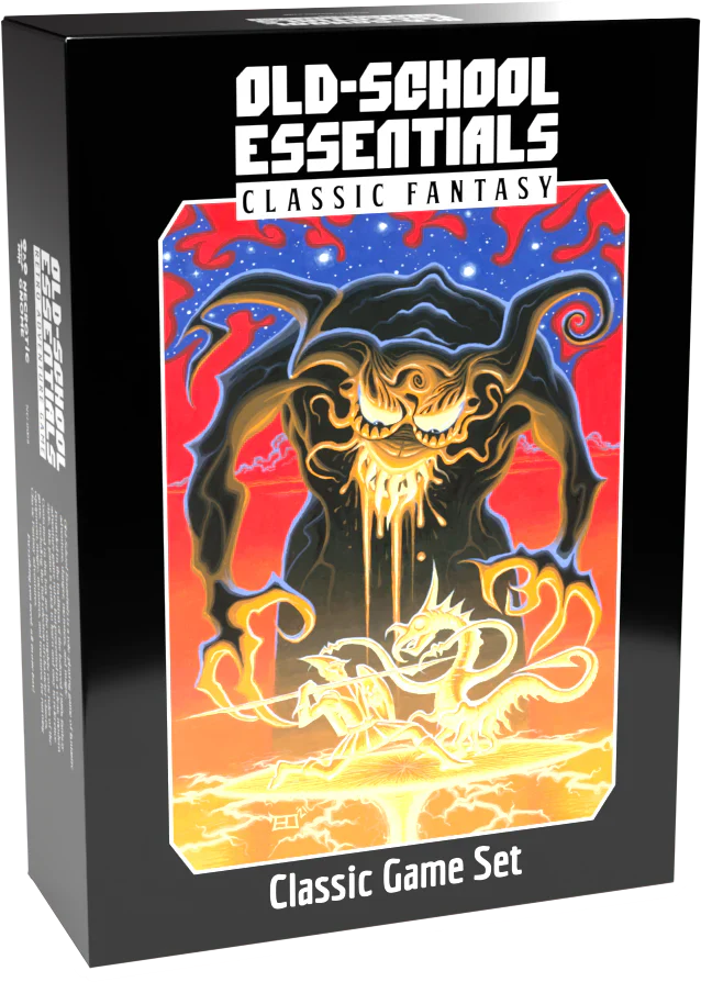 Old School Essentials OSE Classic Game Boxed Set 5E edition with fantasy monster artwork on the packaging.
