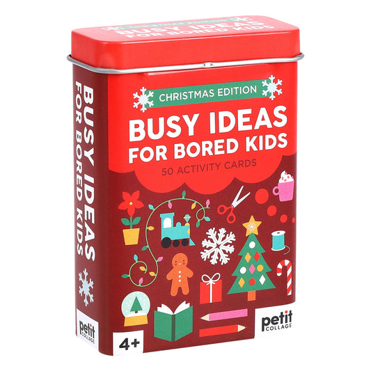 Busy Ideas for Bored Kids: Christmas Edition red tin with 50 screen-free games and festive activity cards.