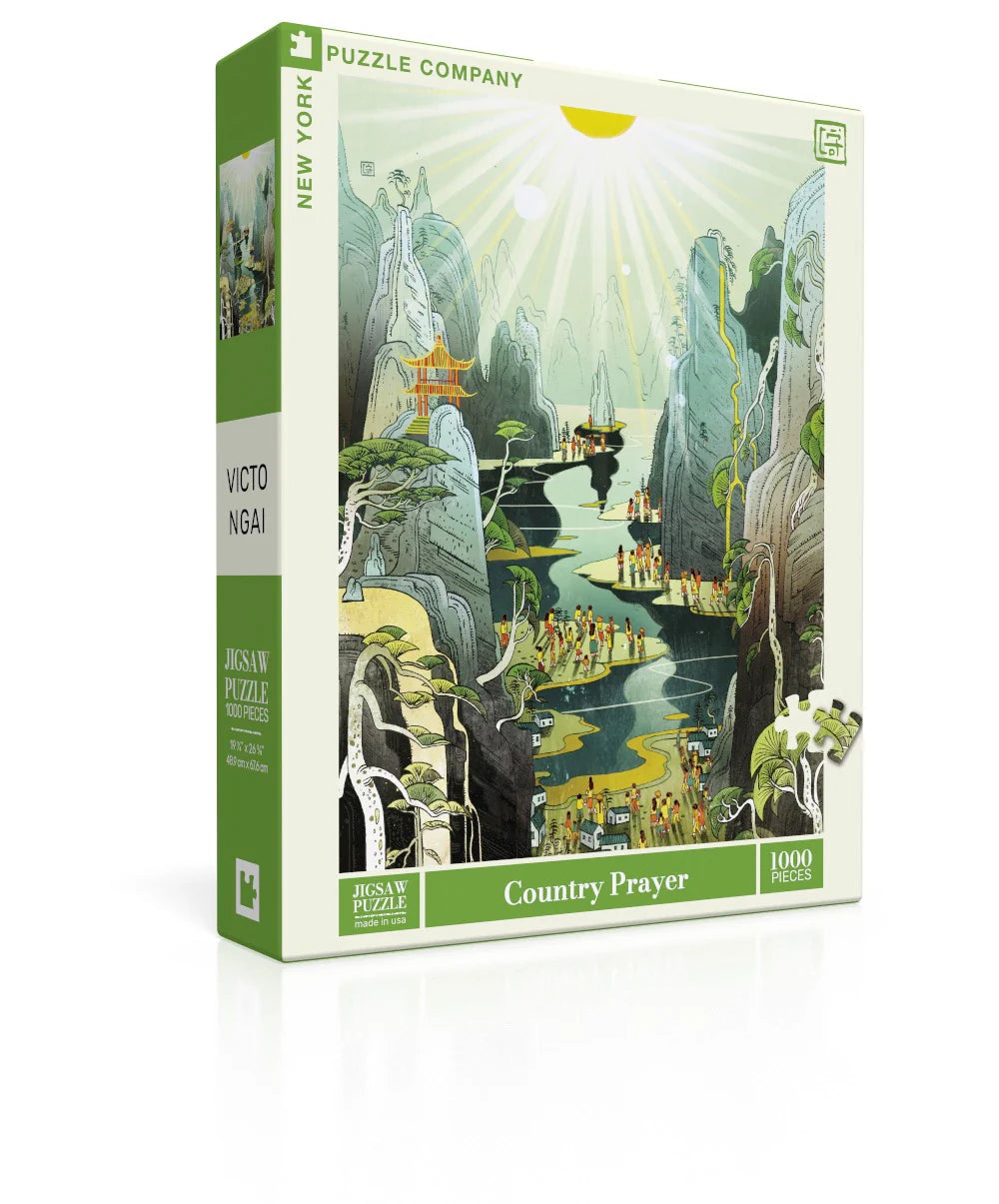 The Country Prayer 1000-piece puzzle with Victo Ngai mountain art and linen-style finish.