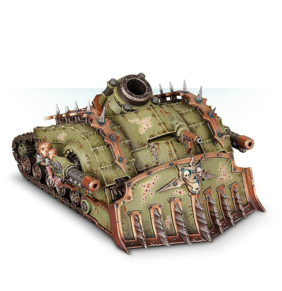 Death Guard: Plagueburst Crawler, a green tank with spikes, heavy armor, and a cartoon skull on the front.