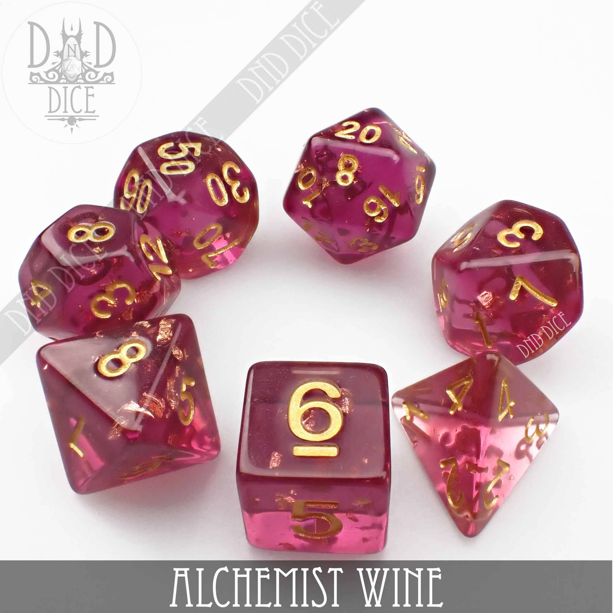 Alchemist Wine set of 7 translucent pink resin dice with gold numbers for tabletop gaming.