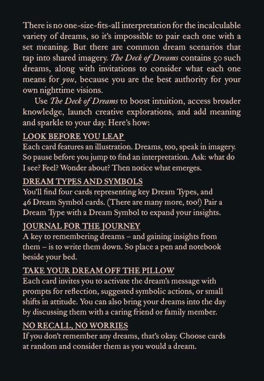 The Little Deck of Dreams: What Your Sleeping Mind Is Telling You displayed with bold headings on a black background.