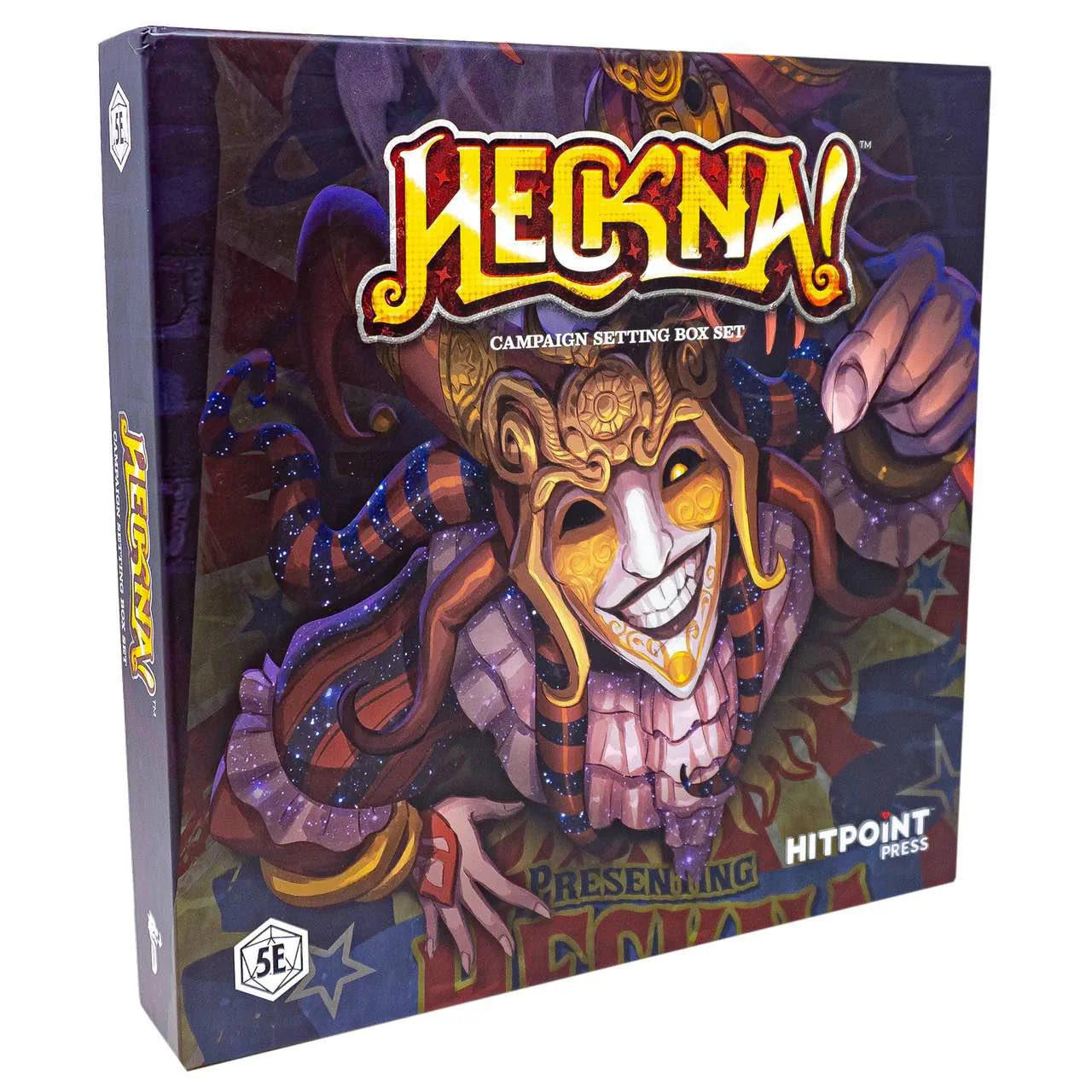 Heckna 5E Boxed Set adventure game featuring a grinning jester with mask and dark carnival designs on the box.