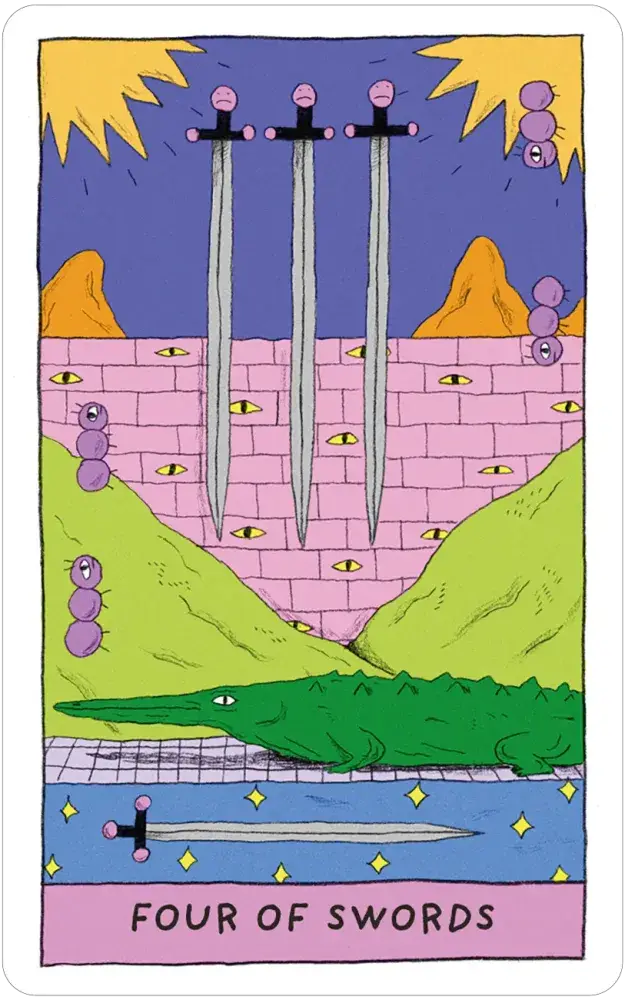 Whimsical Witch Tarot in a Tin set, featuring a card with three swords, green crocodile, and wall with eyes.