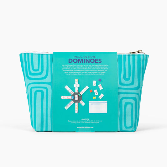 Canvas Classics Mexican Train Dominoes in turquoise geometric bag with label, fits double-12 sets.