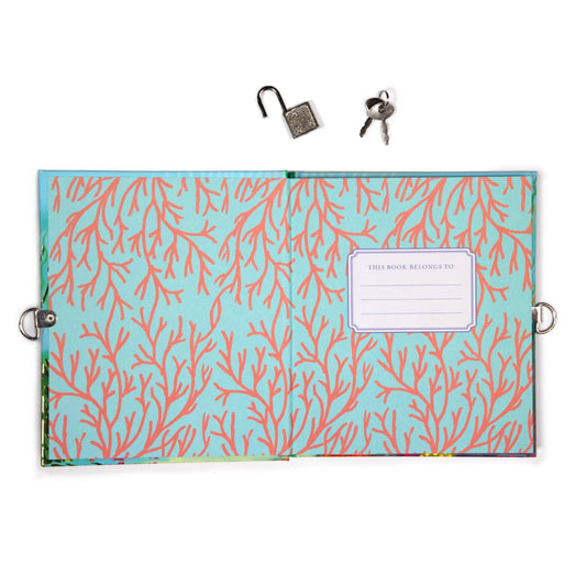 Sharks and Friends Journal with coral pattern, name label, open padlock, and two keys.
