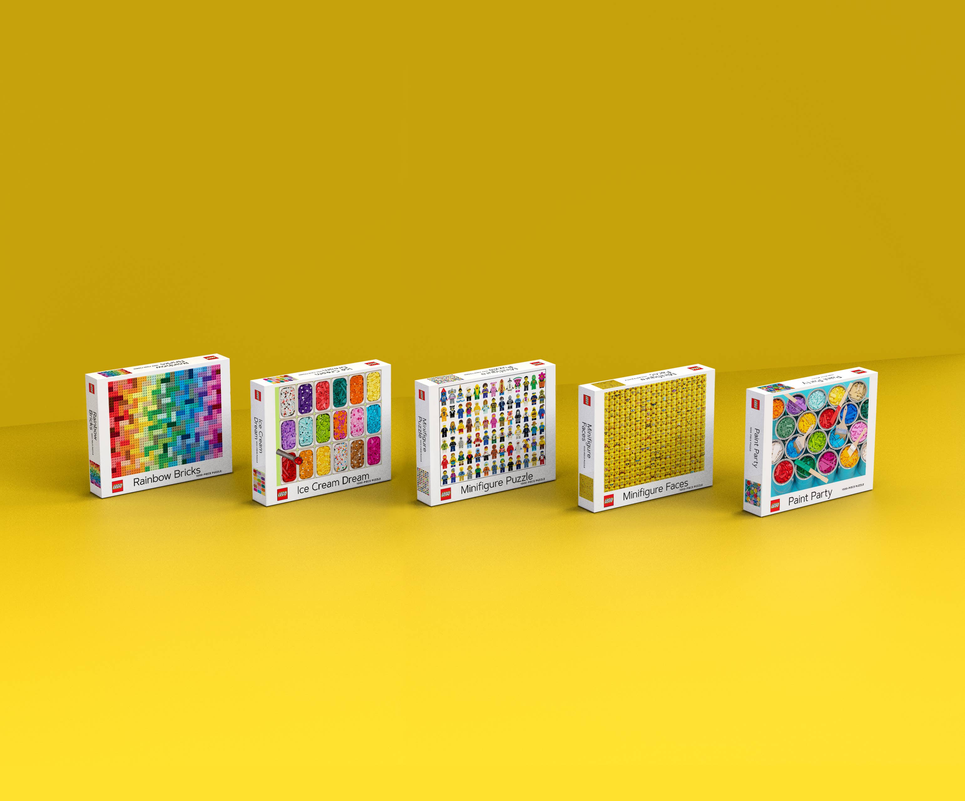 Five LEGO Rainbow Bricks Puzzle boxes displayed together.