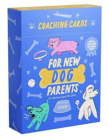Coaching Card for New Dog Parents, blue box with tips and graphics for new dog owners.