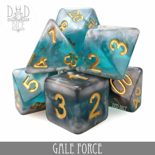 Gale Force 7-piece polyhedral dice set, blue and gray marbled resin with gold numbers.