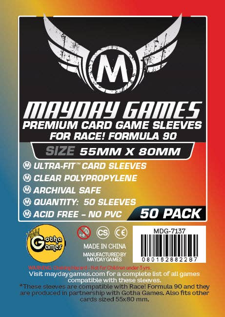 Premium Race Formula 90 Card Sleeves, 55x80mm, pack of 50, shown in red and yellow packaging.