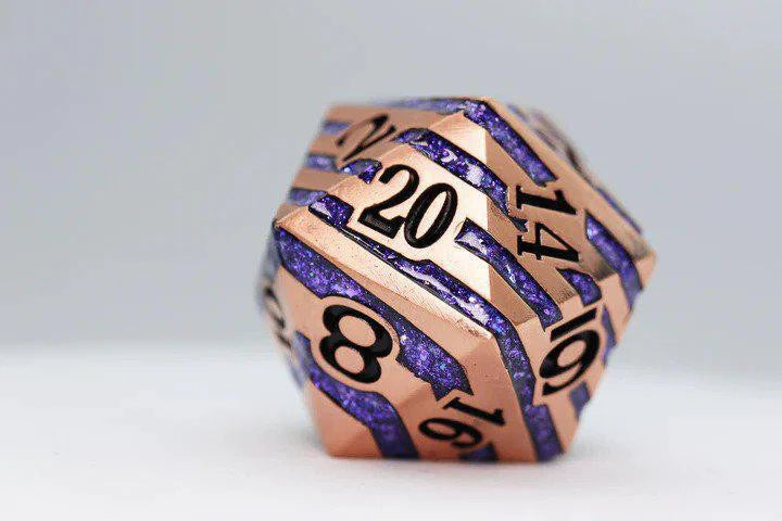 35mm metal D20 die, copper finish with purple mica and exposed glitter, showing numbers 20, 14, 8, and 19.