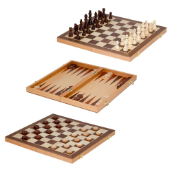 Standard 3-in-1 Game Set boards for chess, backgammon, and checkers stacked together.