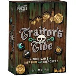 Traitors Tide board game box with pirate theme featuring skulls, coins, and wooden plank design elements.