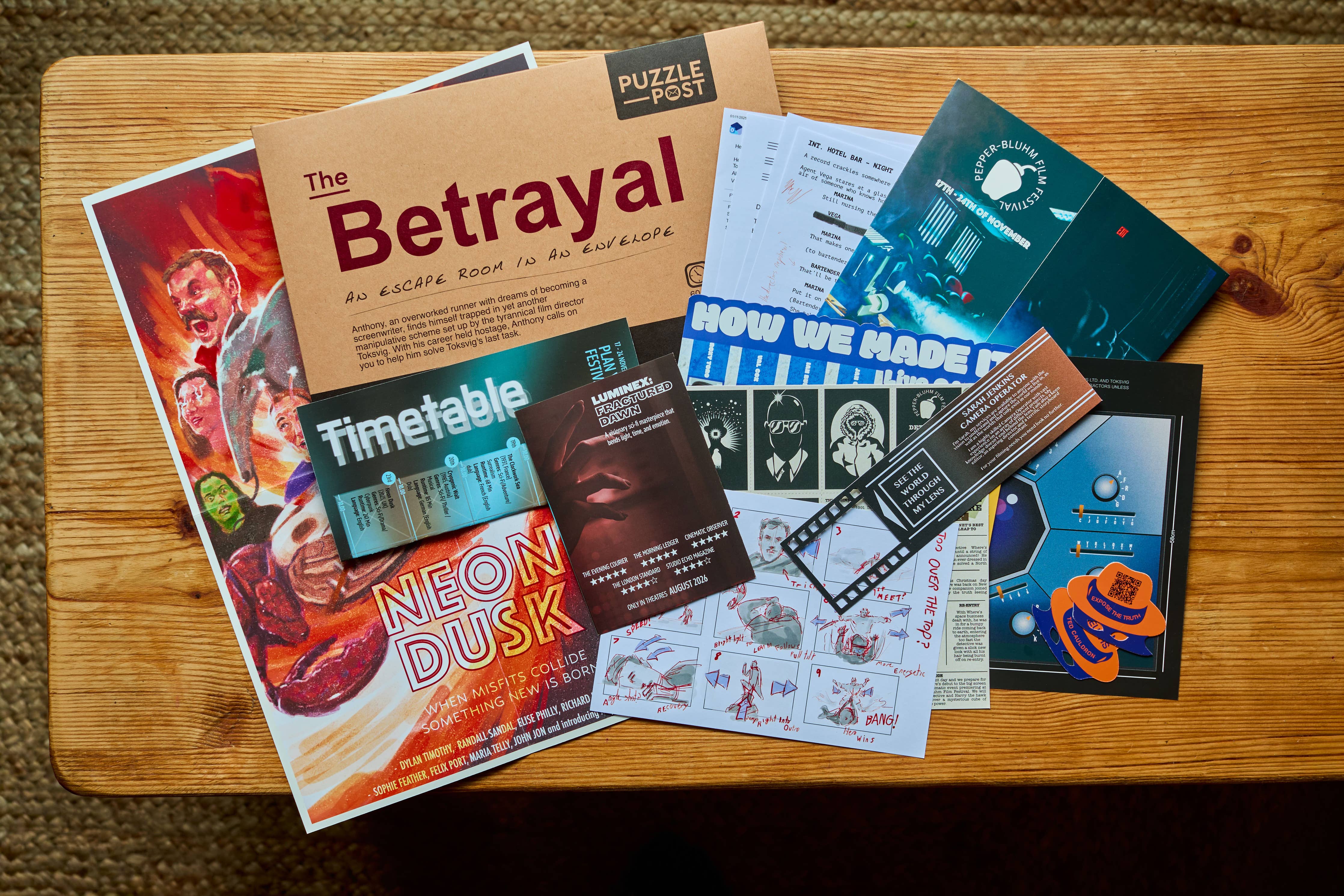 The Betrayal Escape Room Puzzle Board Game materials and colorful flyers spread out on a tabletop.