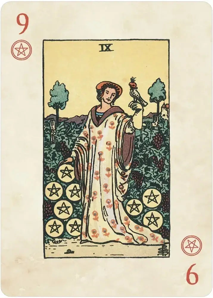 Rider-Waite™ Playing Card Deck, card with a woman in a garden holding a bird, nine pentacles, and the number 9 above.