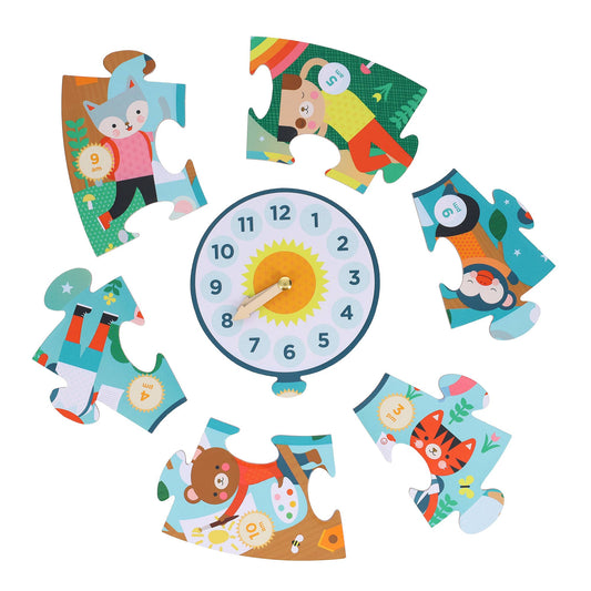 Telling the Time Floor Puzzle with animal-shaped pieces and a clock featuring movable hands and a sun in the center.