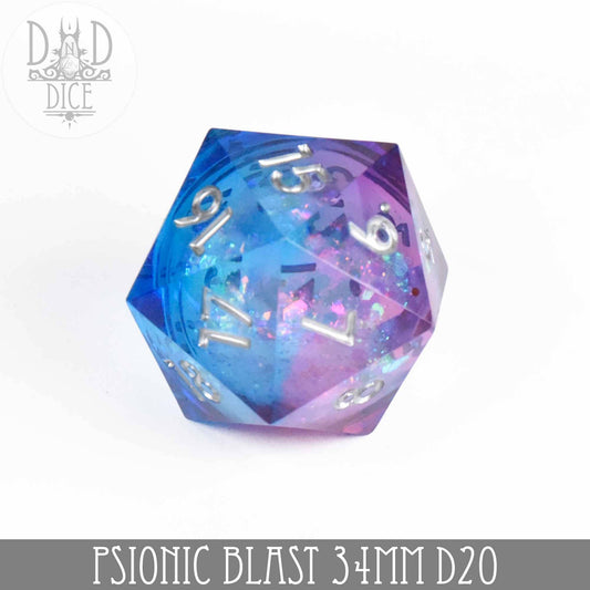 Blue-purple glitter 34mm D20 die with silver numbers, named 34mm D20 Psionic Blast (Liquid Core Countdown).
