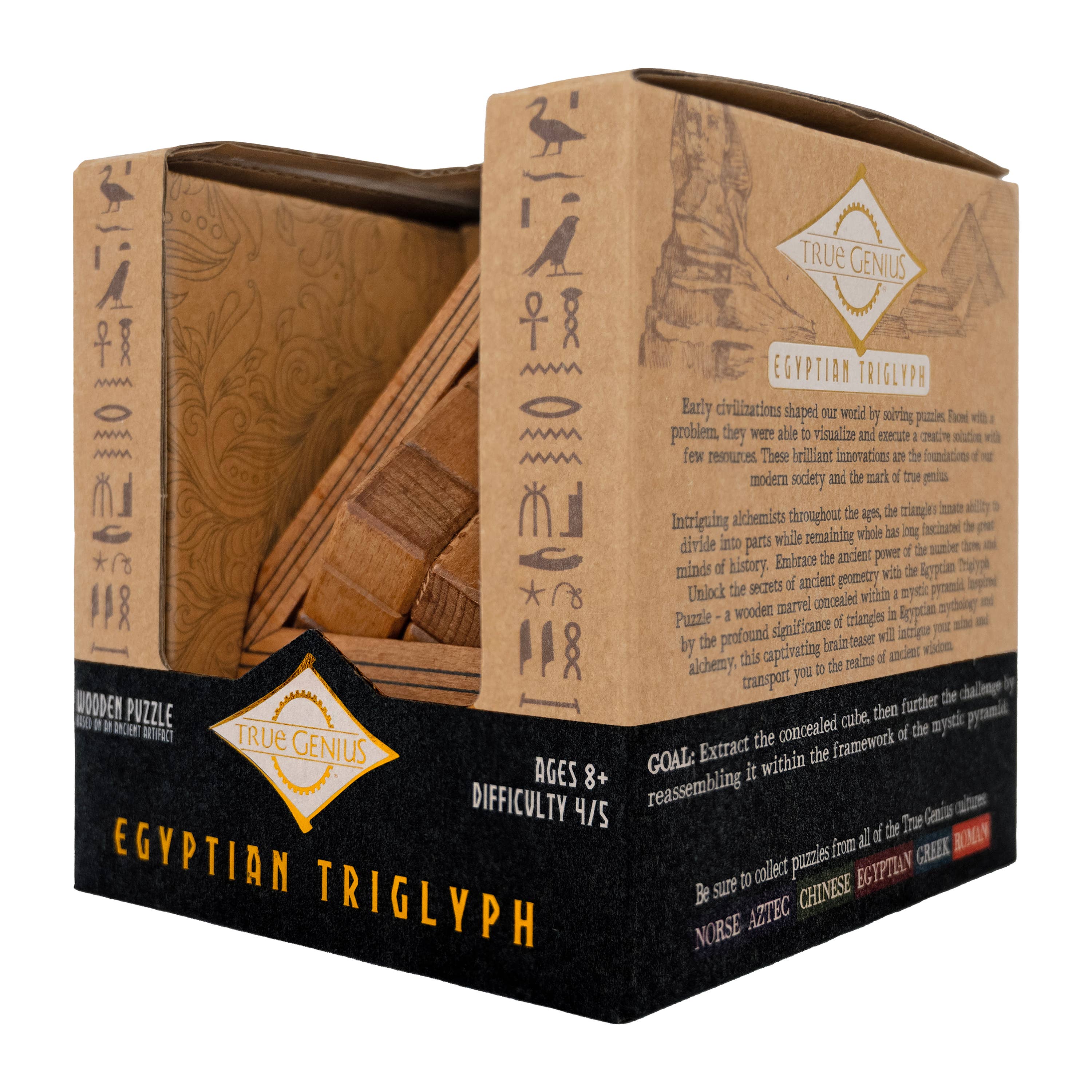 True Genius Egyptian Triglyph Puzzle, wooden brainteaser in a box with Egyptian symbols, 4/5 difficulty.