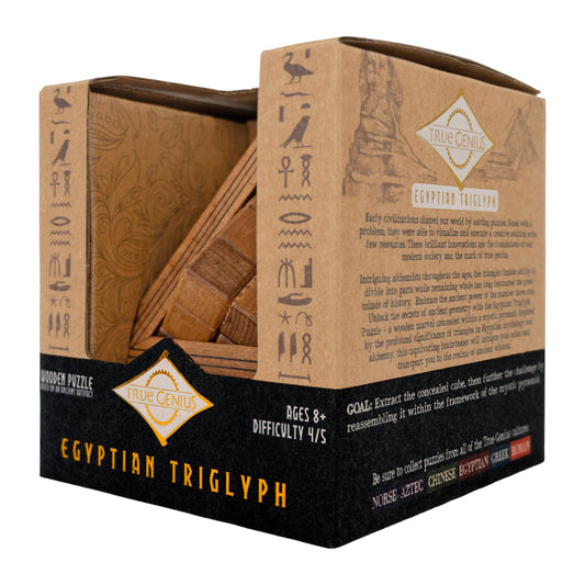 True Genius Egyptian Triglyph Puzzle, wooden brainteaser in a box with Egyptian symbols, 4/5 difficulty.