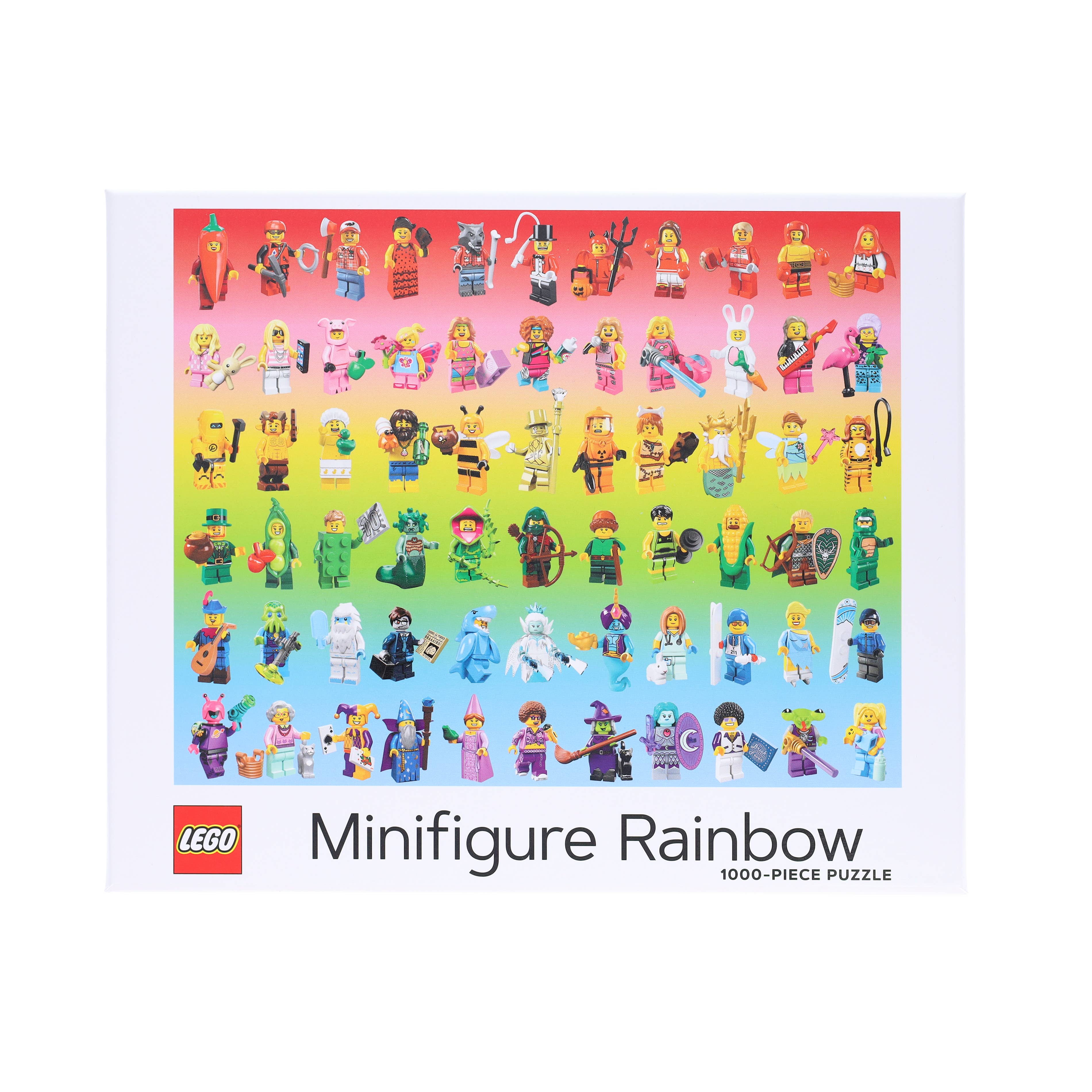LEGO Minifigure Rainbow 1000-piece puzzle featuring rows of colorful Minifigures on a rainbow background.