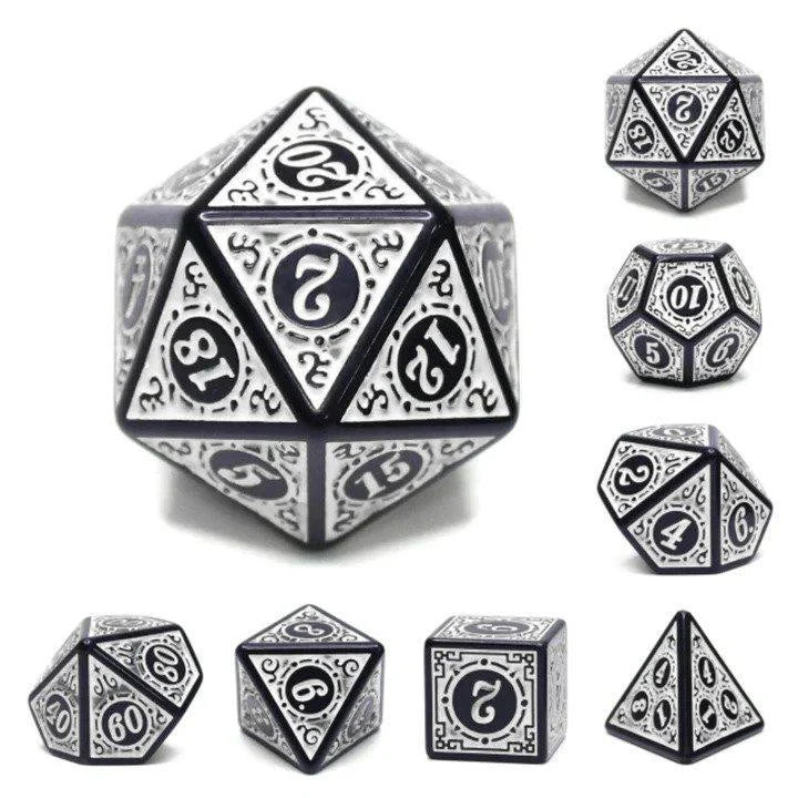 The Magic Flame - White RPG Dice Set with black and white ornate resin dice for tabletop RPGs like D&D.